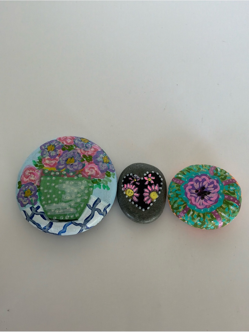 Set of 3 Original Hand Painted Floral Art Rocks Signed Elizabeth Harris Art